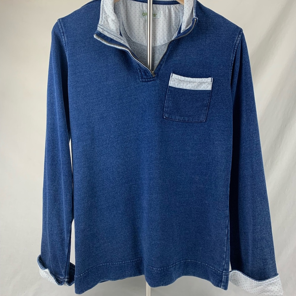 Orvis Women’s Blue V-Neck Sweater with Blue Polka Dot Trim Size M Fall Causal